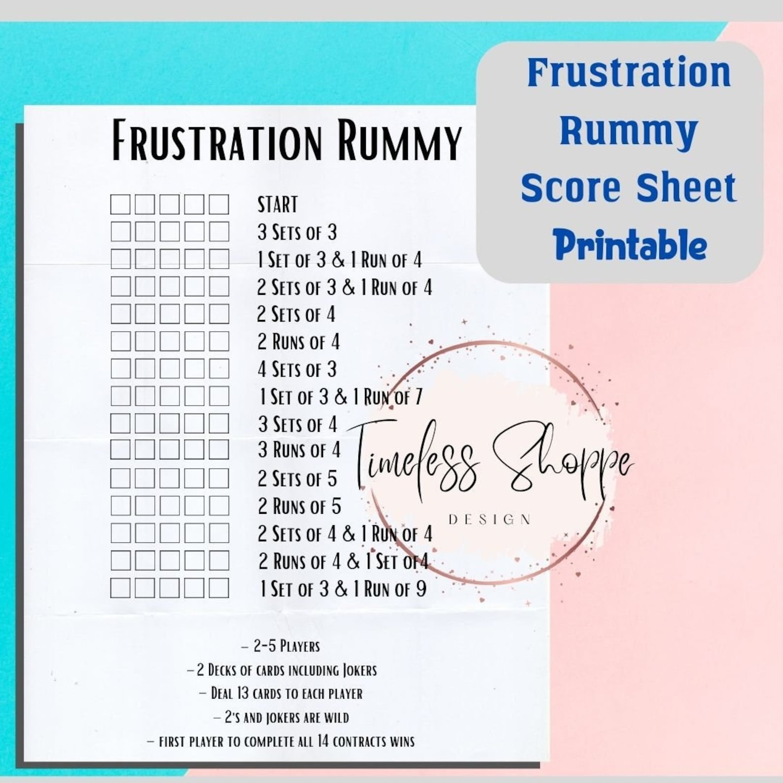 Progressive Rummy Score Sheet.pdf Frustration Rummy Score Sheet (printable PDF) - Etsy