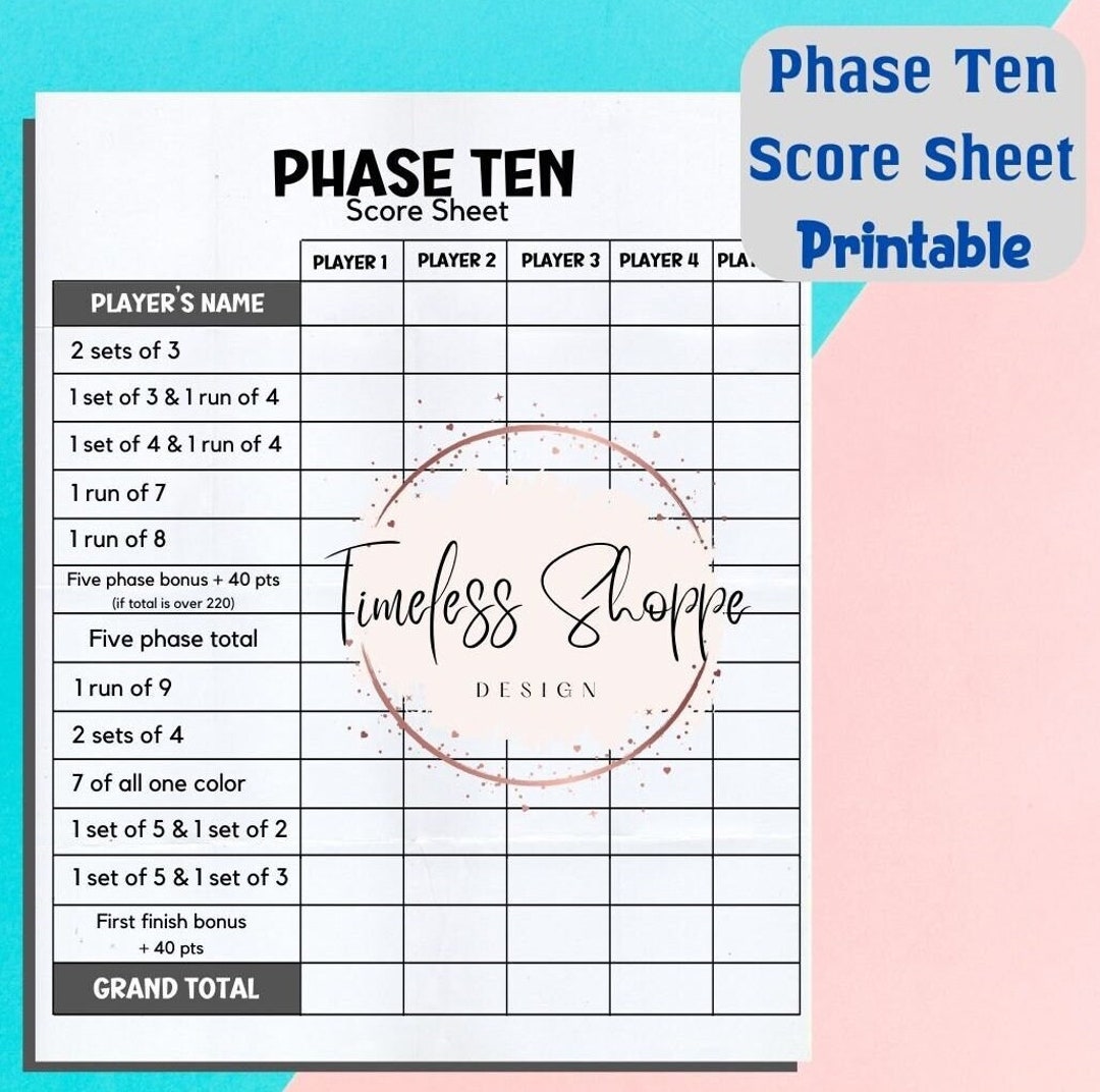 Phase Ten Score Card, Phase Ten Scoresheet, Phase Ten Scoring