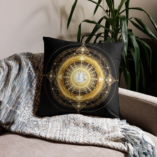 Cushion with a shamanic yellow gold light code for joy, creativity and spiritual growth.
