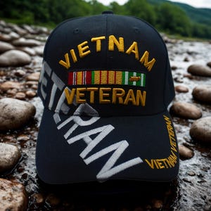 Vietnam Veteran Baseball Cap, Military Service Hat with Ribbons, Black and Gold Embroidered Design Large Veteran Design Across the Bill.