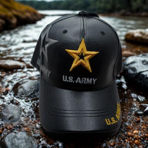 U.S. Army Black Leather Baseball Cap, Military Veteran Hat, Embroidered Army Star Logo, Adjustable Patriotic Armed Forces Cap, Army Gift