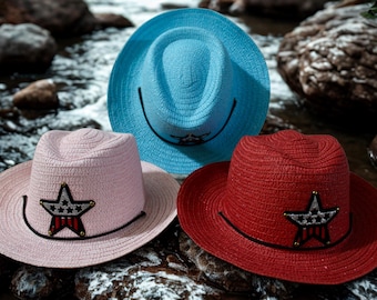 Western Kids Straw Cowboy Hat. Patriotic USA Star Cowgirl Hat. Lightweight Party Hat. USA Hat. Patriotic USA Hat. Cowboy Hat. Western Hat