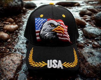 Czapka z orłem USA. Patriotyczna czapka baseballowa z amerykańską flagą. Czapka USA. Czapka z haftowanym orłem i amerykańską flagą. Czarna czapka USA.