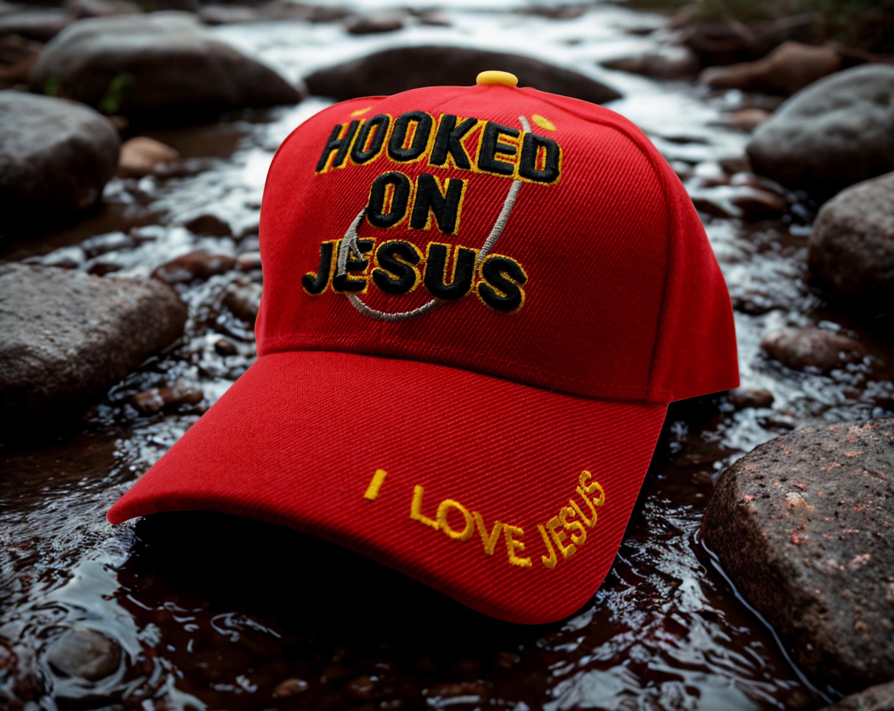 Hooked on Jesus Hat. Christian Hat. Christian Red Hat. Gorra De