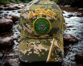 U.S. Army Camo Hat with Embroidered Emblem – Military Tactical Cap, Veteran Gift, Adjustable Army Baseball Cap, Patriotic US Army Veteran