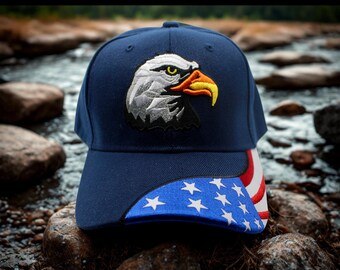 Gorra azul con águila calva americana, gorra de béisbol bordada con la bandera de EE. UU., gorra de águila calva para hombre, gorra patriótica. Gorra con la bandera de EE. UU. y águila. Gorra de la libertad
