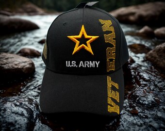 U.S. Army Veteran Hat Black Military Cap, Embroidered Army Star Logo, Adjustable Baseball Hat for Veterans, Patriotic Veterans, US Army Vet