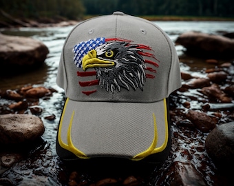USA Eagle Hat. Patriotic Baseball Cap with American Flag. USA Cap. Hat with Embroidered Bald Eagle and American Flag Design. USA Gray Hat
