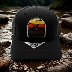 Deer  Black Hat. Outdoor Deer Patch Trucker Hat. Black Mesh Baseball Cap with Sunset Design. Adjustable Hunting Cap. Hunting Hat