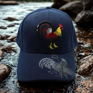 May include: A navy blue baseball cap with an embroidered rooster design in red, yellow, brown, and white. The cap features the text "COCK FIGHT" and a gray rooster graphic on the brim. A stylish accessory.