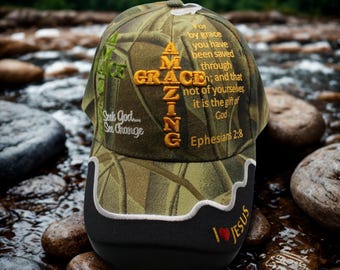 Amazing Grace Camouflage Hat, Christian Faith Cap with Scripture, Religious Gift for Believers, Jesus Embroidered Camo Trucker Hat, Jesus