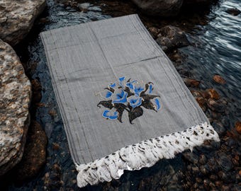Gray Shawl Wrap. Embroidered Floral Scarf. Flowers Shawl Mexican. Rebozo de Flores. Floral Fringe Scarf. Bohemian Shawl Wrap. Mexican Rebozo