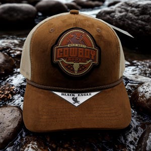 Cowboy-truckerhoed – Wild West rodeo-pet met vintage westernpatch, verstelbare achterkant van mesh, rodeo-stijl western-cowboypet. Cowboybruine hoed