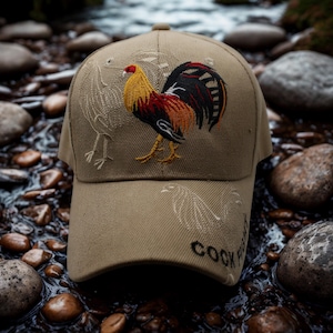 May include: A khaki baseball cap with an embroidered rooster design in yellow, red, black, and orange. The cap has a curved peak and the text "COCK FIGHT" embroidered on the side. The background shows a stream with rocks.