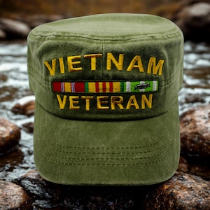 US Vietnam War Veteran Hat, Military Patrol Cap with Service Ribbons, Embroidered Distressed Green Cap, Vietnam War Vet Cap, Vietnam War Hat