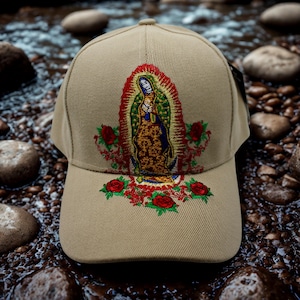 Our Lady of Guadalupe 3D Embroidered Hat. Lady of Guadalupe Khaki Cap. Virgin Mary Cap. Gorra de la Virgen de Guadalupe. Faith Brown Hat
