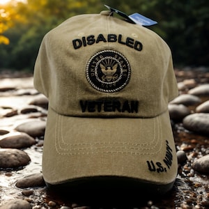 United States Navy Disabled Veteran Baseball Cap, Distressed Khaki Military Hat, Embroidered U.S. Navy Gift for Vets, US Armed Forces. Brown