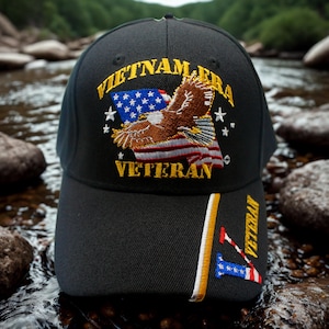 Vietnam Era Veteran Baseball Cap, Military Service Hat, Black and Gold Embroidered Vietnam War Veteran Cap. Vietnam Era Veteran Hat