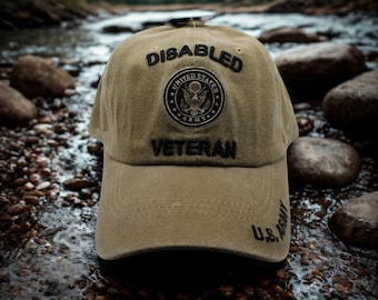 United States Army Disabled Veteran Baseball Cap, Distressed Khaki Military Hat, Embroidered U.S. Army Gift for Vets, US Army Veteran Brown