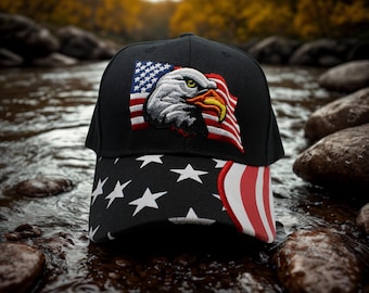 Gorra negra con águila calva. Gorra del orgullo estadounidense. Gorra patriótica. Gorra con águila estadounidense. Gorra de béisbol con la bandera estadounidense. Gorra con la bandera estadounidense. Gorra patriótica. Gorra de la libertad.