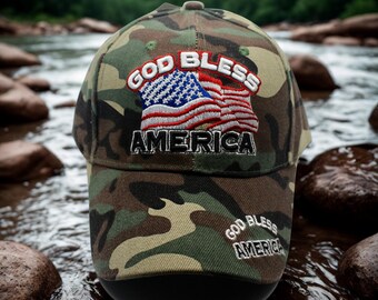 American Flag Hat, USA Flag with God Bless America Embroidered Camo Cap, Hat for Men, Patriotic Cap. USA Flag with God Bless America Hat