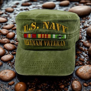 U.S. Navy Vietnam Veteran Hat, Military Patrol Cap with Service Ribbons, Embroidered Distressed Green Cap, Navy Vietnam Vet Gift, US Navy