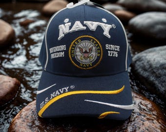 濃紺 軍用帽子 銀色装飾付き アメリカ海軍エンブレムキャップ - 刺繍入りアメリカ海軍帽子