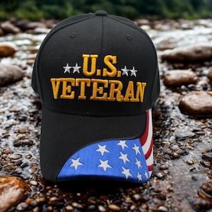 U.S. Veteran Black Baseball Cap with American Flag Bill, Embroidered USA Patriotic Military Hat, Veteran Gift, Adjustable Cap, US Veterans