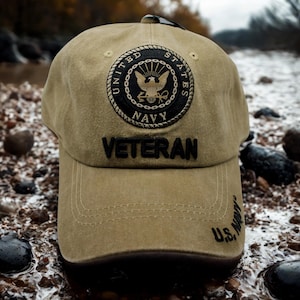 United States Navy Veteran Baseball Cap, Distressed Khaki Military Hat, Embroidered U.S. Navy Gift for Vets, US Navy Veteran, Navy Brown hat