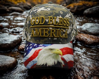 American Flag Hat, USA Flag with God Bless America Embroidered Camo Cap, Hat for Men, Patriotic Cap. USA Flag with God Bless America Hat