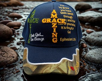 Amazing Grace Navy Blue Hat, Christian Faith Cap with Scripture, Religious Gift for Believers, Jesus Embroidered Trucker Hat, I Love Jesus