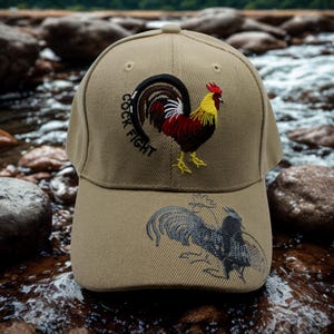 May include: A tan baseball cap with an embroidered rooster design and the text "COCK FIGHT". The rooster is in red, yellow, black, and white. A second rooster graphic is on the brim.