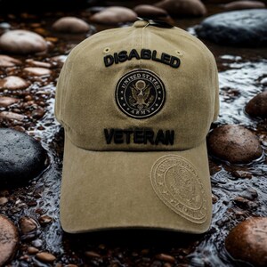 United States Army Disabled Veteran Baseball Cap, Distressed Khaki Military Hat, Embroidered U.S. Army Gift for Vets, US Army Veteran, Brown