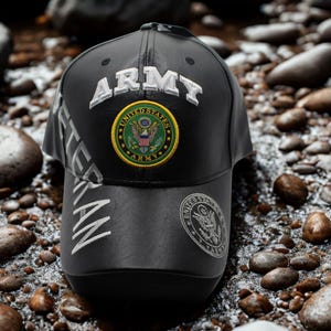 U.S. Army Veteran Hat, Black Leather Military Cap with Embroidered Seal & VETERAN Text, Patriotic Army Gift, Gift For Dad, Army Veteran, USA