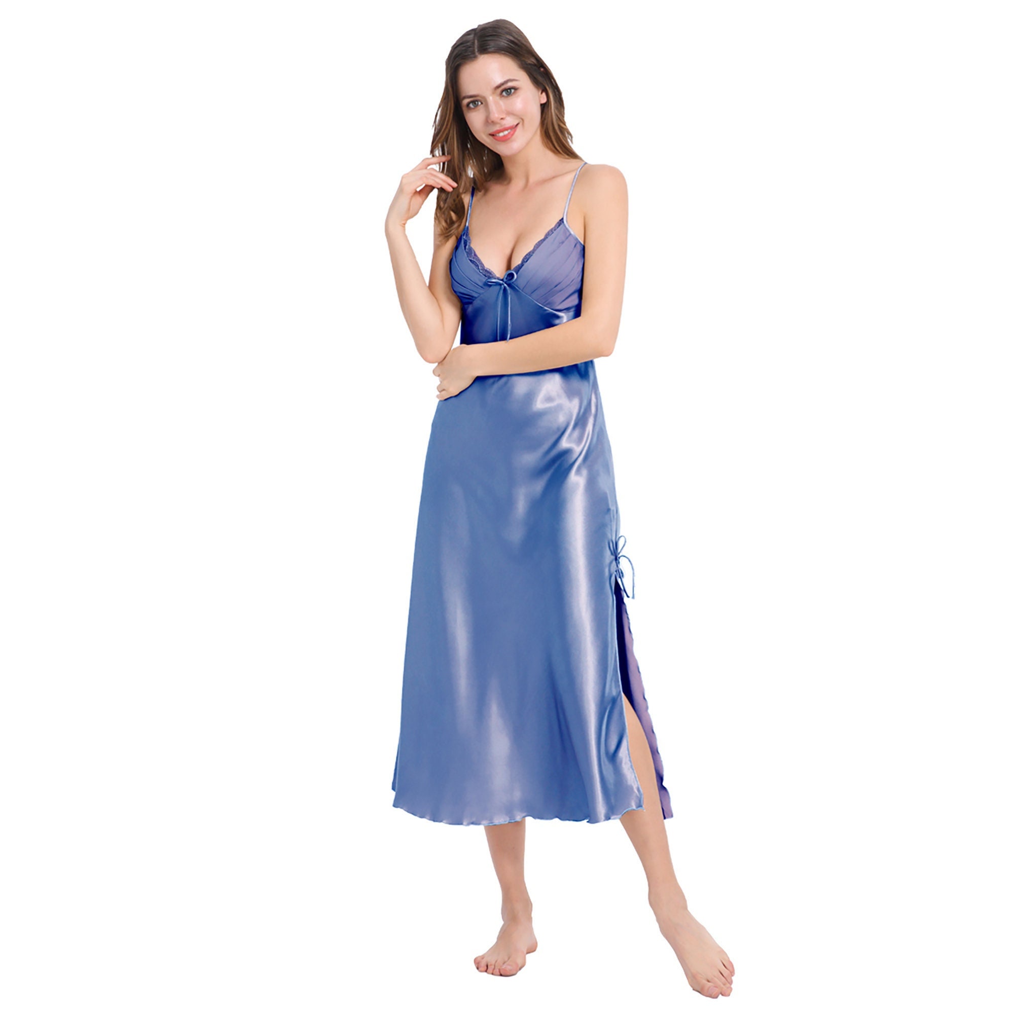 Women's Peri Satin Silk Nightgown With Spaghetti Straps Sleepwear Chemise  Nightdress Slip Featuring Lace Cowl Neck 