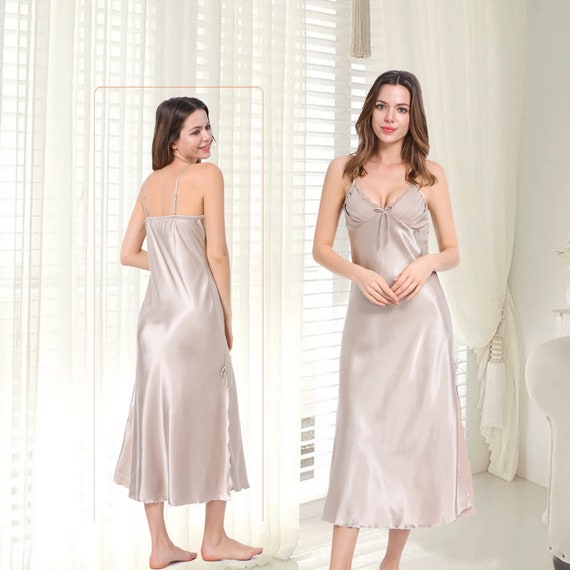 Long Silk Night Gown Sleeveless Sleepwear Lingerie Plus Size