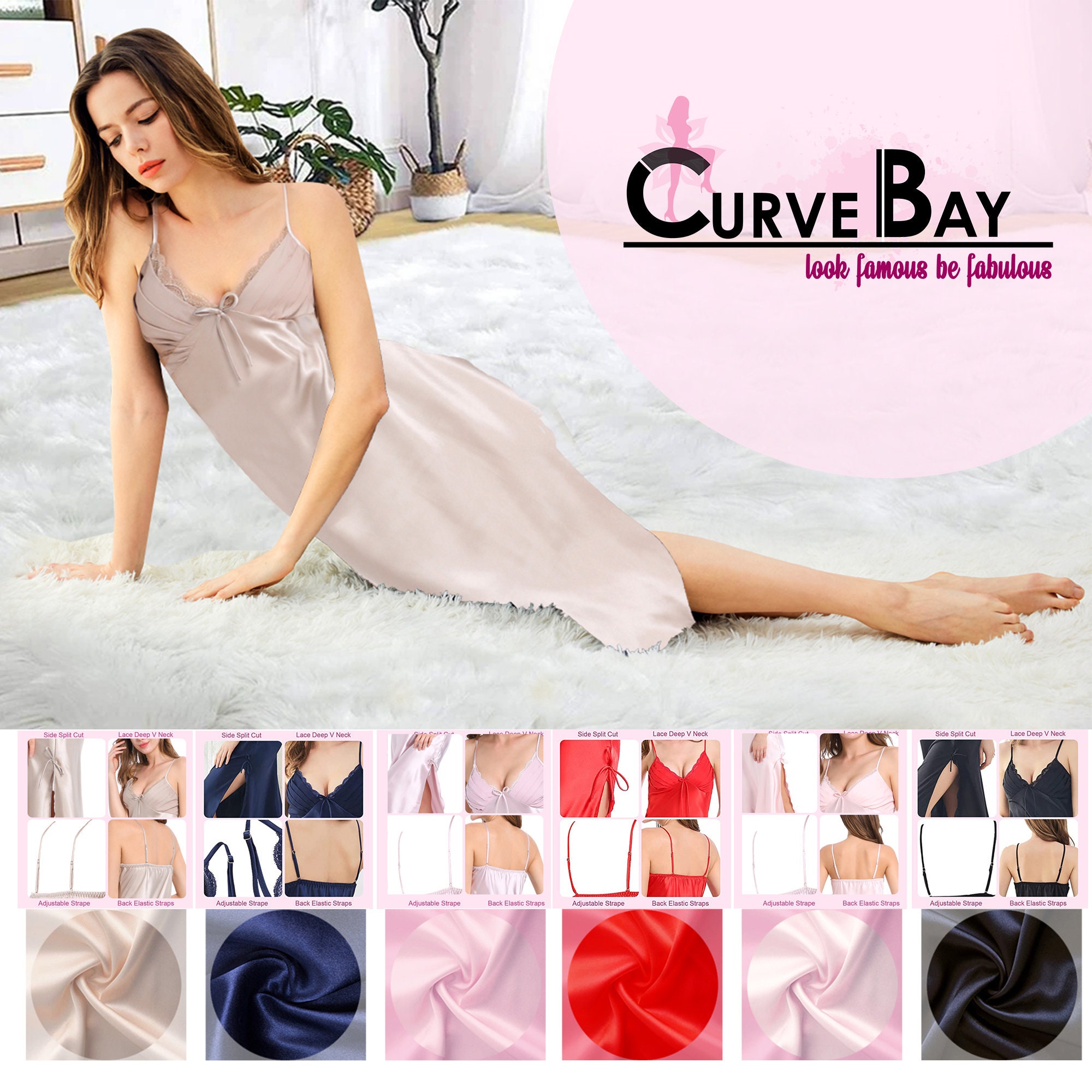 Curv Sexy Chemise Plus Size Silk Nightgowns for Women Long Satin Slip  Sleepwear Nightgown for Womens Sleeveless Deep V Neck Spaghetti Strap