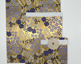 Papiertüten Blumenwiese Flieder mit Gold- Effekt, Geschenktüten, Geschenkverpackung, Flatbag,schick,blumen
