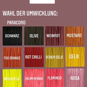 May include: A chart showing different colors of paracord for wrapping dog leashes. The colors include black, olive, wine red, mustard, fox orange, red chili, ochre yellow, yellow, neon yellow, salmon pink, flamingo, pink, fuchsia, purple, and deep purple.