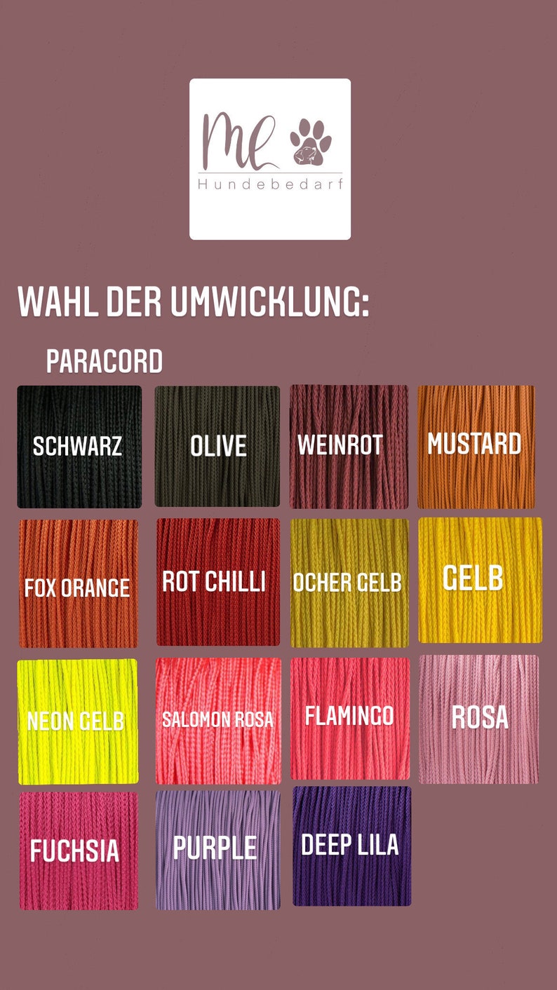 May include: A chart showing different colors of paracord for wrapping dog leashes. The colors include black, olive, wine red, mustard, fox orange, red chili, ochre yellow, yellow, neon yellow, salmon pink, flamingo, pink, fuchsia, purple, and deep purple.