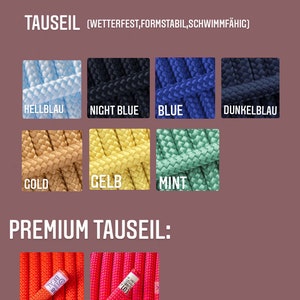 May include: A chart showing different colors of rope for dog leashes. The rope is weatherproof, form-stable, and floats. The colors include light blue, night blue, blue, dark blue, gold, yellow, and mint. The chart also shows two premium rope colors: orange and pink.