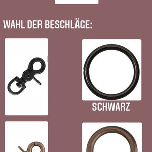 May include: Two options for hardware for a dog leash or collar. The first option is a black metal clip. The second option is a black metal ring. The text "SCHWARZ" is below the black metal ring. The third option is a copper metal clip. The fourth option is a copper metal ring. The text "KUPFER" is below the copper metal ring.