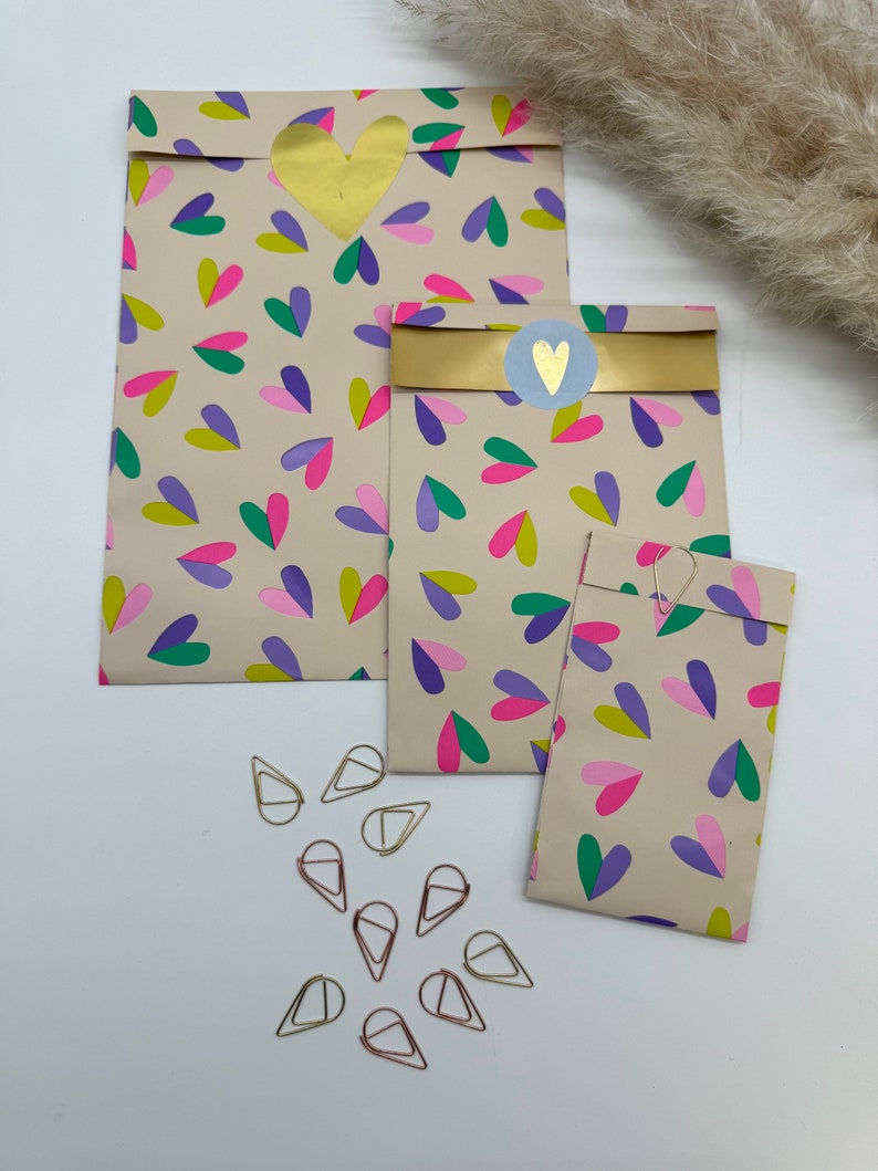 Papiertüten Herz mit Gold-Effekt, Geschenktüten, Verpackung, Flatbag, Papiertasche, Etsy-Verkäufer, Papiertüten, Liebe Bild 2