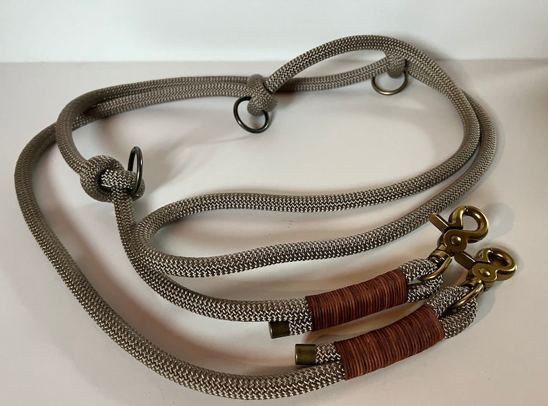 3-way adjustable rope leash, dog leash, driver's leash, dog accessories, PPM rope, rope, leather rigging, 2.5 m long Tan