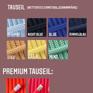 K&ouml;nnte beinhalten: Eine Tabelle mit verschiedenen Farben von Seilen f&uuml;r Hundeleinen. Das Seil ist wetterfest, formstabil und schwimmf&auml;hig. Die Farben umfassen hellblau, nachtblau, blau, dunkelblau, gold, gelb und mint. Die Tabelle zeigt auch zwei Premium-Seilfarben: orange und pink.
