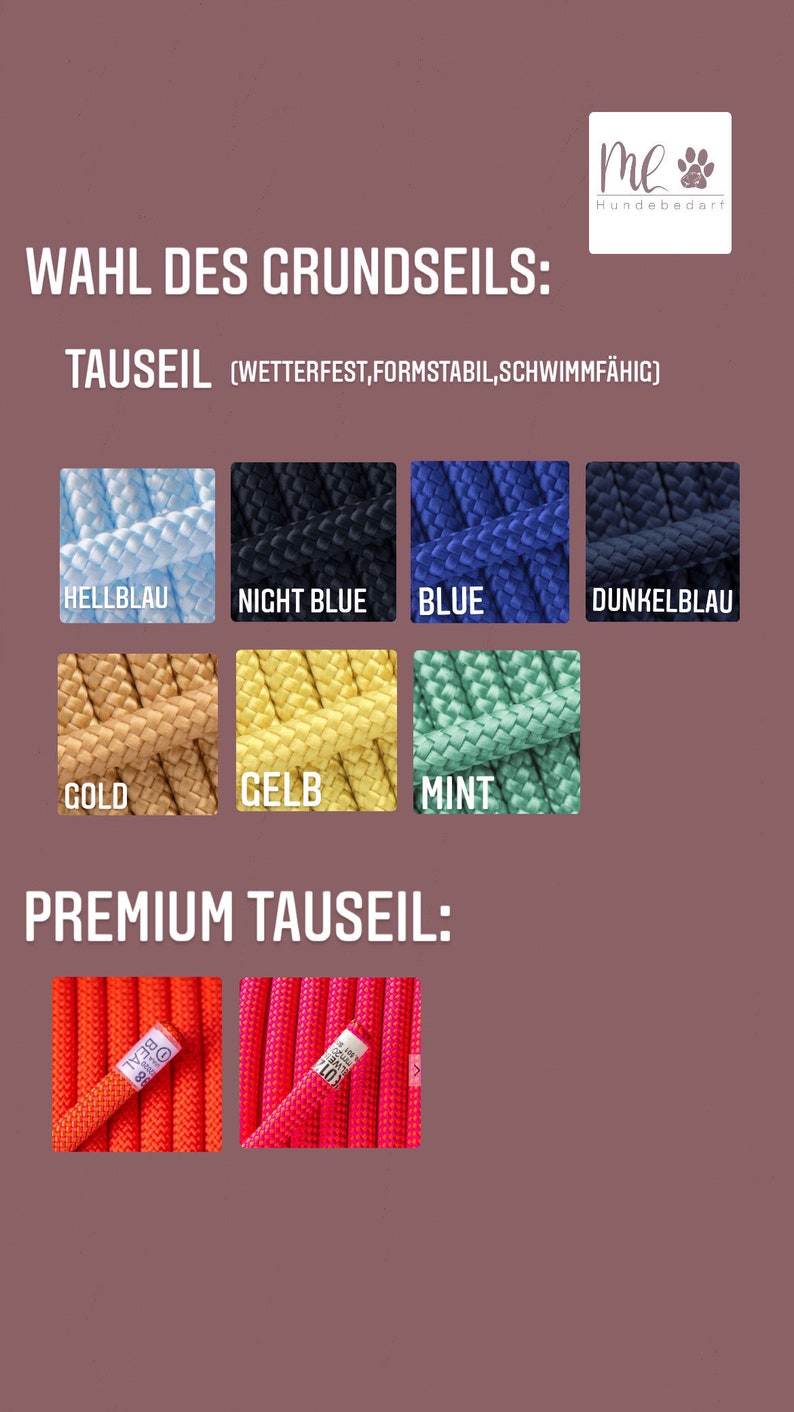 K&ouml;nnte beinhalten: Eine Tabelle mit verschiedenen Farben von Seilen f&uuml;r Hundeleinen. Das Seil ist wetterfest, formstabil und schwimmf&auml;hig. Die Farben umfassen hellblau, nachtblau, blau, dunkelblau, gold, gelb und mint. Die Tabelle zeigt auch zwei Premium-Seilfarben: orange und pink.