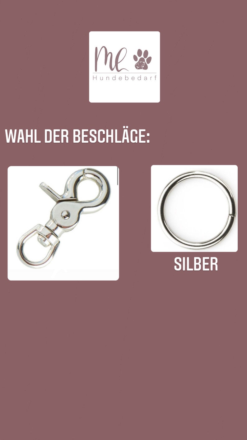 K&ouml;nnte beinhalten: Zwei silberne Metallverschl&uuml;sse f&uuml;r eine Hundeleine. Der Verschluss links ist ein Federverschluss. Der Verschluss rechts ist ein einfacher Ring. Der Text "SILBER" befindet sich unter dem Ringverschluss.