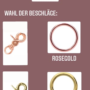 May include: Two options for hardware finishes for a dog leash or collar: rose gold and gold. The rose gold option is a round ring, and the gold option is a round ring and a hook.
