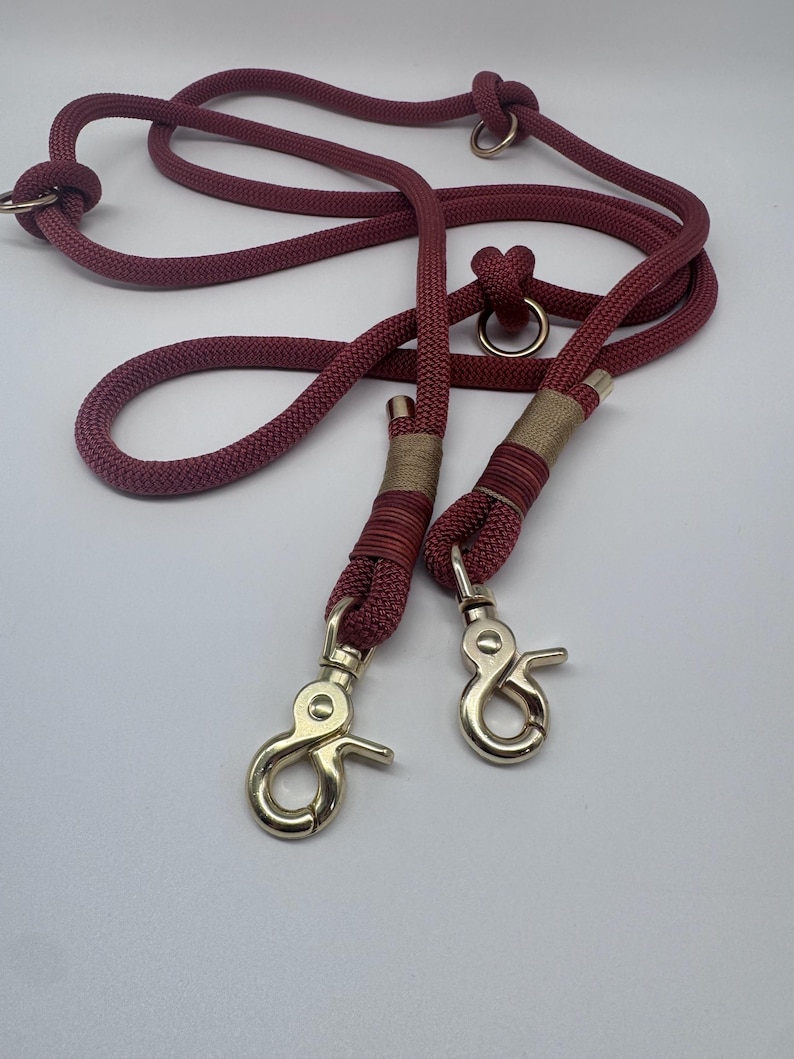 K&ouml;nnte beinhalten: Eine rote Hundeleine aus Seil mit zwei goldenen Metallclips und zwei goldenen Metallringen. Die Leine ist aus geflochtenem Seil und hat einen braunen Akzent.