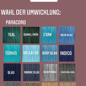 May include: A chart showing different colors of paracord for wrapping dog leashes. The colors include teal, dark green, cyan, neon blue, turquoise, light blue, baby blue, indigo, blue, navy blue, silver gray, charcoal gray, smoke gray, tan, gold, and mocha.